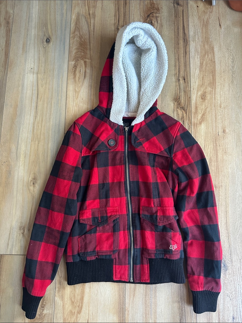 Juniors/womens Red & Black Buffalo Plaid Sherpa-Lined Hooded Jacket